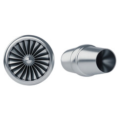 Close up of a jet engine fan and exhaust nozzle isolated on transparent background