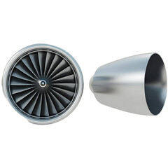 Close up of a jet engine fan and exhaust cone isolated on transparent background