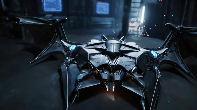 Metallic futuristic vehicle with wings and glowing lights in a dimly lit space
