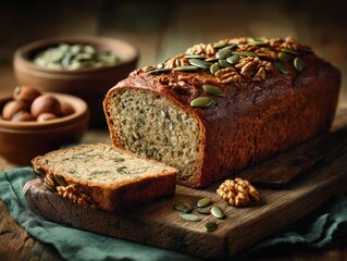 Freshly baked whole grain bread topped with nuts and seeds, sliced on a rustic wooden board, surrounded by bowls of nuts, showcasing healthy eating and culinary artistry