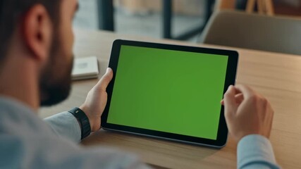 Man using tablet with green screen on wooden table Technology and communication - Powered by Adobe