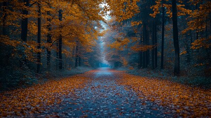 Autumnal forest path, misty perspective