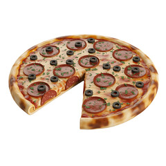 Delicious pepperoni and olive pizza with a slice removed isolated on transparent background