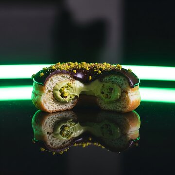Cross section of a gourmet pistachio filled donut with chocolate glaze and sprinkles against a dark background