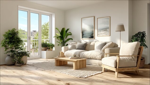 Bright and airy living room featuring a cozy sofa, wooden coffee table, decorative plants, and large windows allowing natural light to create a warm and inviting atmosphere - Powered by Adobe