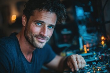 Male technician with dark hair is working on a computer motherboard in a dimly lit environment, showcasing technical skills and dedication to electronics repair and maintenance