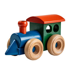 Colorful wooden toy train with red orange roof and blue engine isolated on transparent background