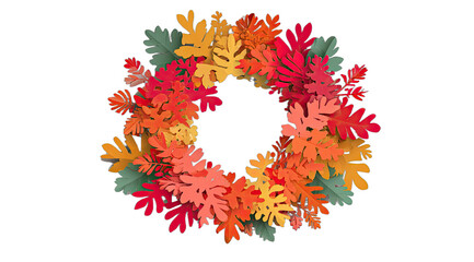 Decorative autumnal wreath of vibrant paper-cut leaves on a plain black background
