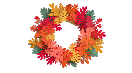Decorative autumnal wreath of vibrant paper-cut leaves on a plain black background