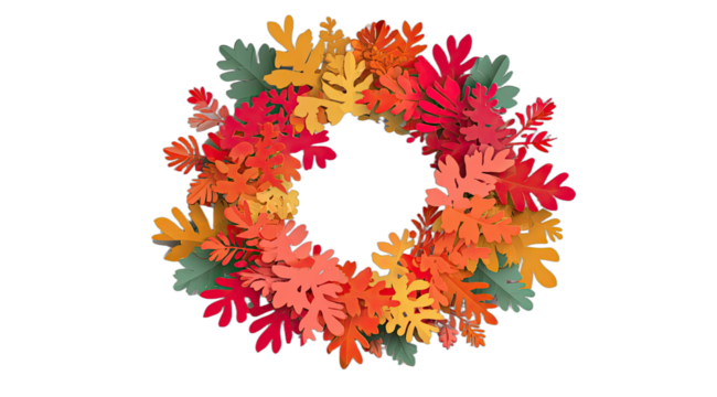 Decorative autumnal wreath of vibrant paper-cut leaves on a plain black background