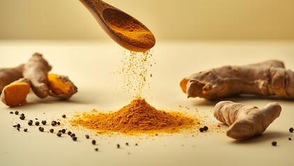Fresh turmeric roots and powder being sprinkled from a wooden spoon