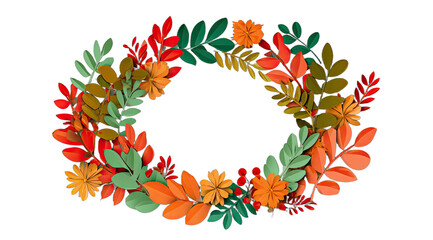 A vibrant, colorful autumn wreath with various leaves and berries on a black background