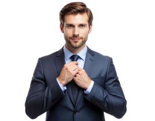 Professional businessman adjusting his tie before a corporate meeting, isolated on a transparent background, PNG