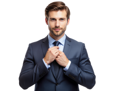 Professional businessman adjusting his tie before a corporate meeting, isolated on a transparent background, PNG - Powered by Adobe
