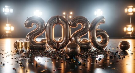 New Year's Eve 2026 celebration with champagne and balloons.