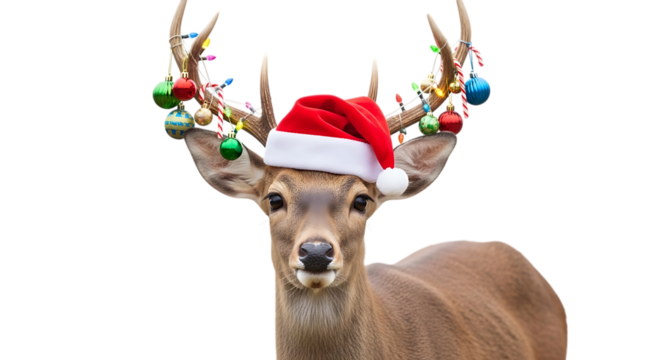 Deer wearing santa hat with christmas ornament decorated antler isolated on transparent background