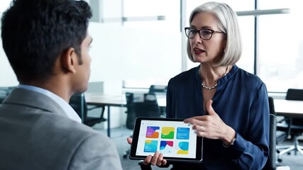 Professional businesswoman presenting digital data and analytics on a tablet to a male colleague during an office discussion. - Powered by Adobe
