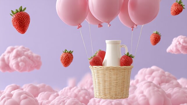 Colorful basket filled with fresh strawberries and a milk jug, suspended by pink balloons, floating among fluffy clouds, creating a whimsical and dreamy atmosphere of sweetness and joy