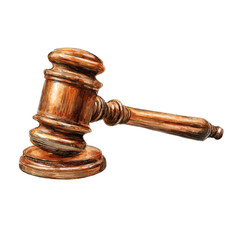 A wooden judge's gavel with a dark brown handle and head, isolated against black