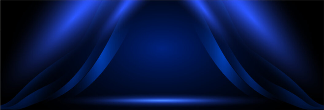 Banner of an empty dark stage with blue neon and curtains. Vector Illustrator	