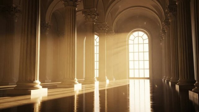 Sunlit Hallway: The majestic interior of a classical building is bathed in warm sunlight streaming through arched windows, casting striking shadows.