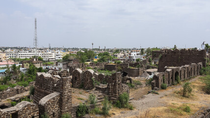 India, Karnataka, Vijayapura, Ancient Ruins of Fortress Near Jamia Mosque of Vijayapura. 16th Century Monuments. © Raj