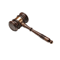 A classic wooden judge's gavel with a polished brass band, set against a dark background