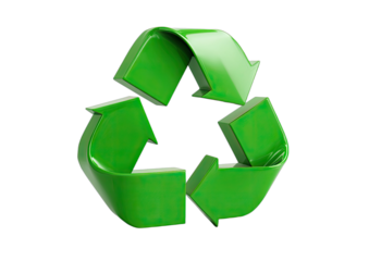 A shiny, 3D green recycling symbol against a black background
