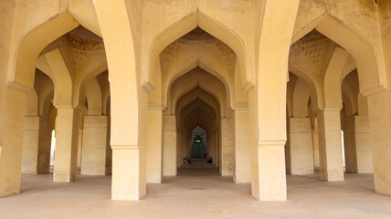 India, Karnataka, Vijayapura, Beautiful Pillared Passage of Jamiya Masjid of Vijayapura, the 15th Century Monument Built During Nahamani Dynasty. © Raj