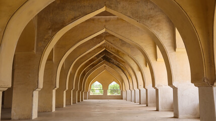 India, Karnataka, Vijayapura, Beautiful Pillared Passage of Jamiya Masjid of Vijayapura, the 15th Century Monument Built During Nahamani Dynasty.