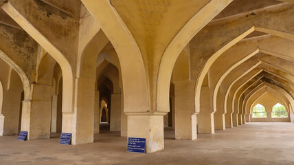 India, Karnataka, Vijayapura, Beautiful Pillared Passage of Jamiya Masjid of Vijayapura, the 15th Century Monument Built During Nahamani Dynasty. © Raj