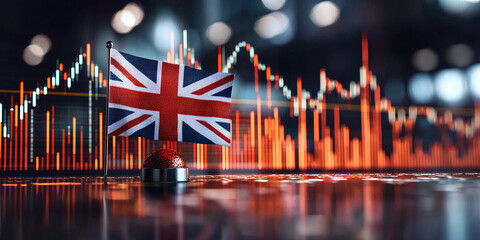 Miniature UK flag in front of fluctuating market trends Generative AI