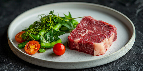 Fototapeta premium Raw beef served on a white plate with fresh vegetables Generative AI