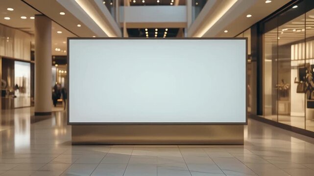 Large illuminated blank advertising billboard display screen for commercial promotion in a modern shopping mall interior