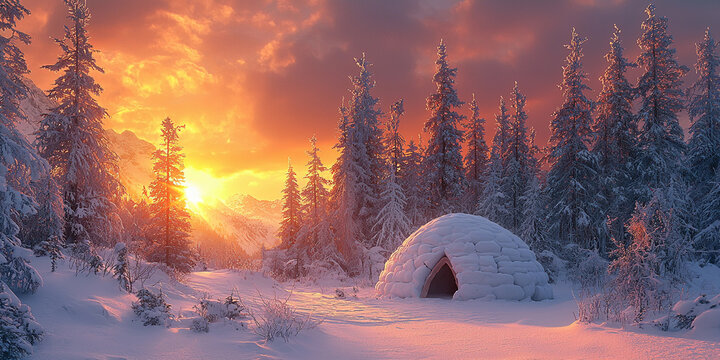 Snowy landscape featuring a serene igloo at sunset Generative AI - Powered by Adobe