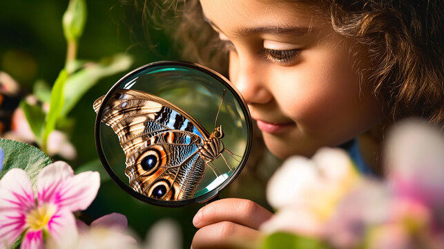 Young girl closely observes a butterfly in a vibrant garden Generative AI - Powered by Adobe
