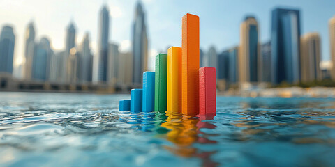 Colorful bar graph rising from water in modern cityscape Generative AI