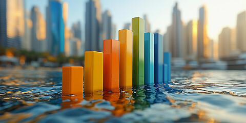 Colorful bar graph rises from water in a vibrant city setting Generative AI