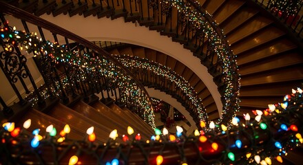 Obraz premium A spiral staircase is decorated with christmas lights and garlands, creating a festive and inviting atmosphere in the building