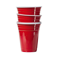 Three vibrant red plastic cups are neatly stacked against a stark black background