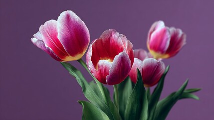 Obraz premium Vibrant bouquet of pink tulips with delicate petals and lush green leaves, arranged elegantly against a soft purple background, showcasing natural beauty and floral elegance