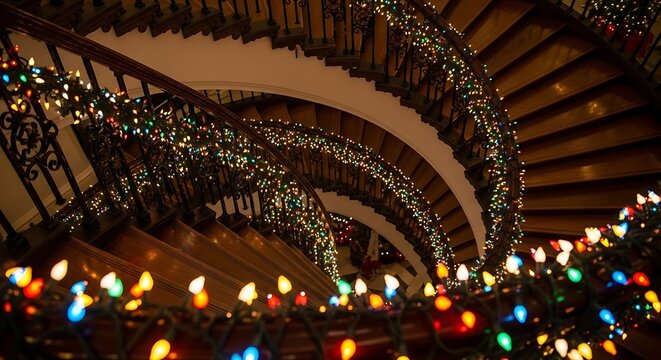 A spiral staircase is decorated with christmas lights and garlands, creating a festive and inviting atmosphere in the building