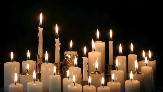 4K detailed close up of lit candles against a black background representing prayer devotion and reflective atmosphere ideal for religious projects Holy Week visuals or contemplative cinematic content
