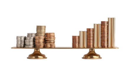 Balance scale with silver, copper, and gold coin stacks growing on a black background