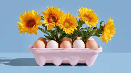 Colorful arrangement of sunflowers in a pink egg carton, surrounded by fresh eggs, creating a vibrant and playful composition with a light blue background, perfect for springtime themes