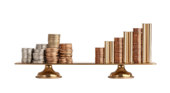 Balance scale with silver, copper, and gold coin stacks growing on a black background