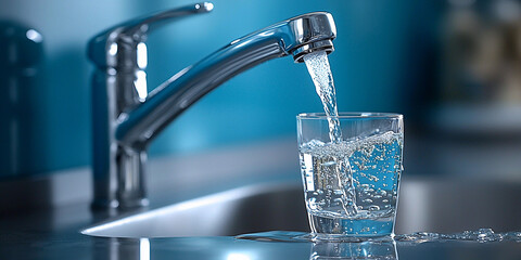 Modern kitchen faucet pouring clear water into a glass Generative AI