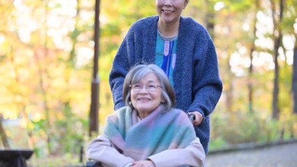 落ち葉の中秋の屋外で介護する女性と車椅子の高齢者の動画、訪問介護や散歩などの外出イメージ　広角の全身