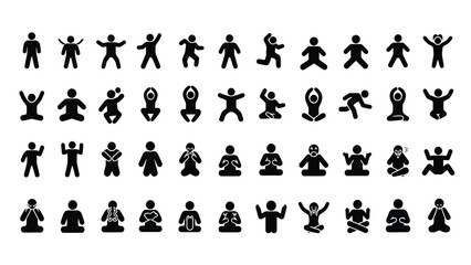 Naklejka premium Pictogram Icon Set of Human Activity and Emotion. Stick figures illustrating yoga poses, exercise, running, sitting, and various emotional states. Vector illustration.