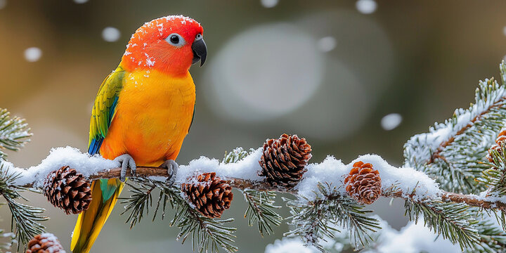 Vibrant parrotlet perched on snowy pine branch in winter Generative AI
